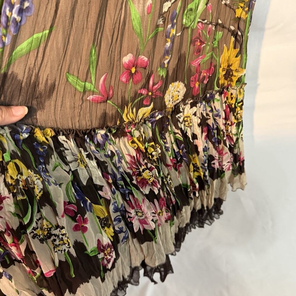 BCBGMaxazria Silk Tulle Dress Womens Medium Brown Floral Chiffon Sheer Trim - Picture 7 of 16